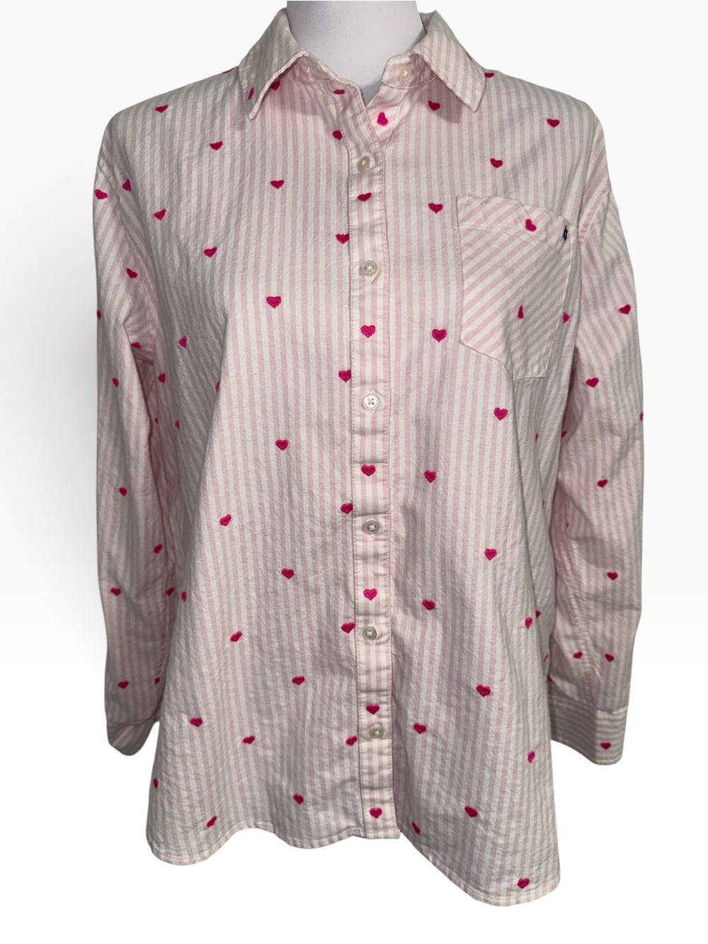 Crown & Ivy Women’s Medium Pink Stripe Heart Embroidered Button Down Shirt